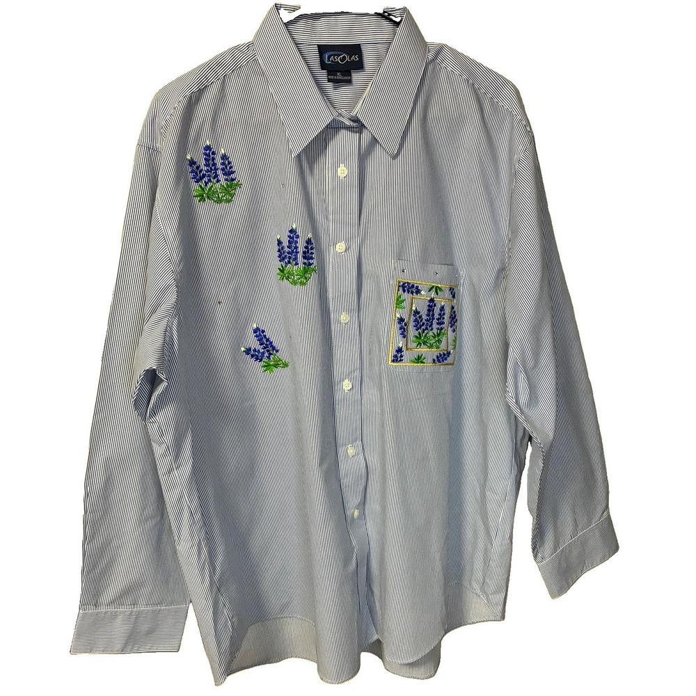 Las Olas Embroidered Blue Floral Button-Up Shirt Striped Long Sleeve Ladies XL